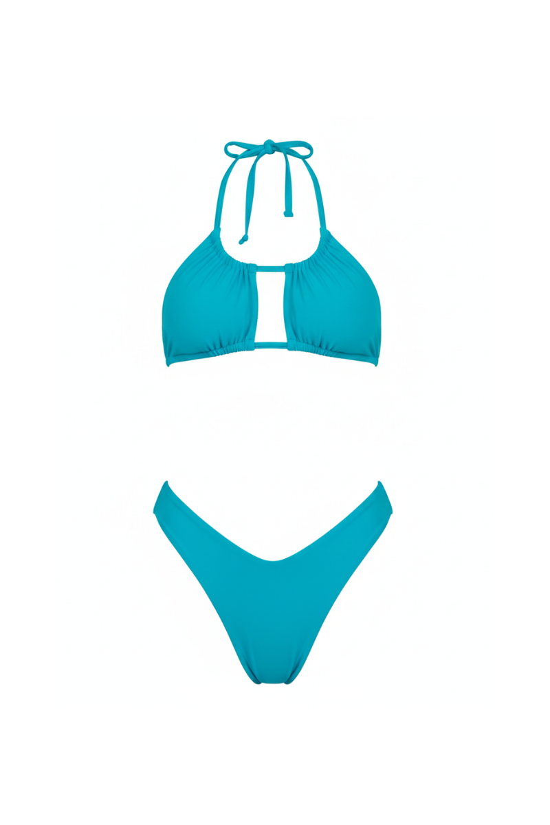 Top Bikini Reversible Geométrico Multicolor y Turquesa THE WEBSTER | Mujer